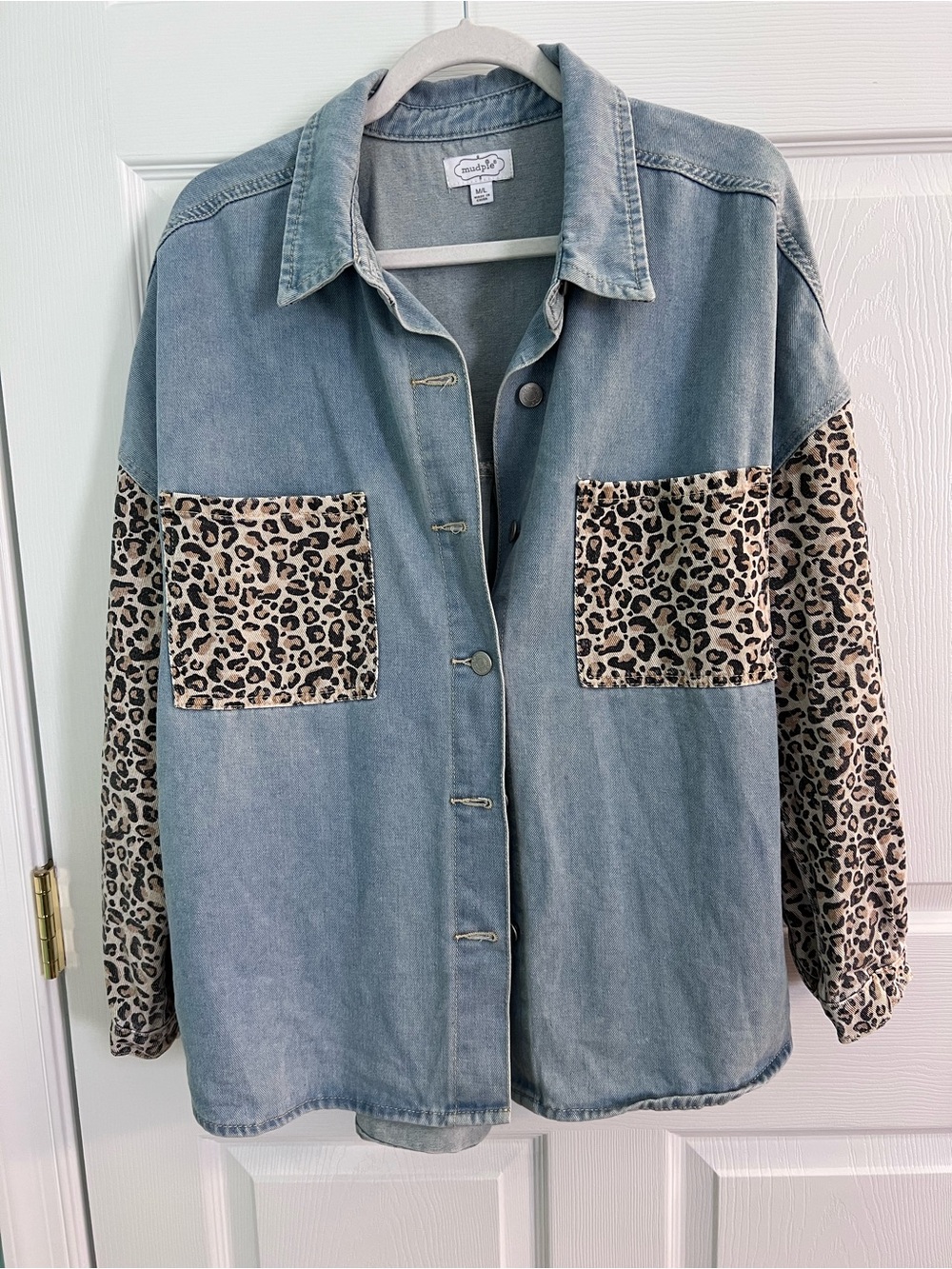 Mud Pie Light Blue Denim Jacket with Leopard Print Pockets & Sleeves